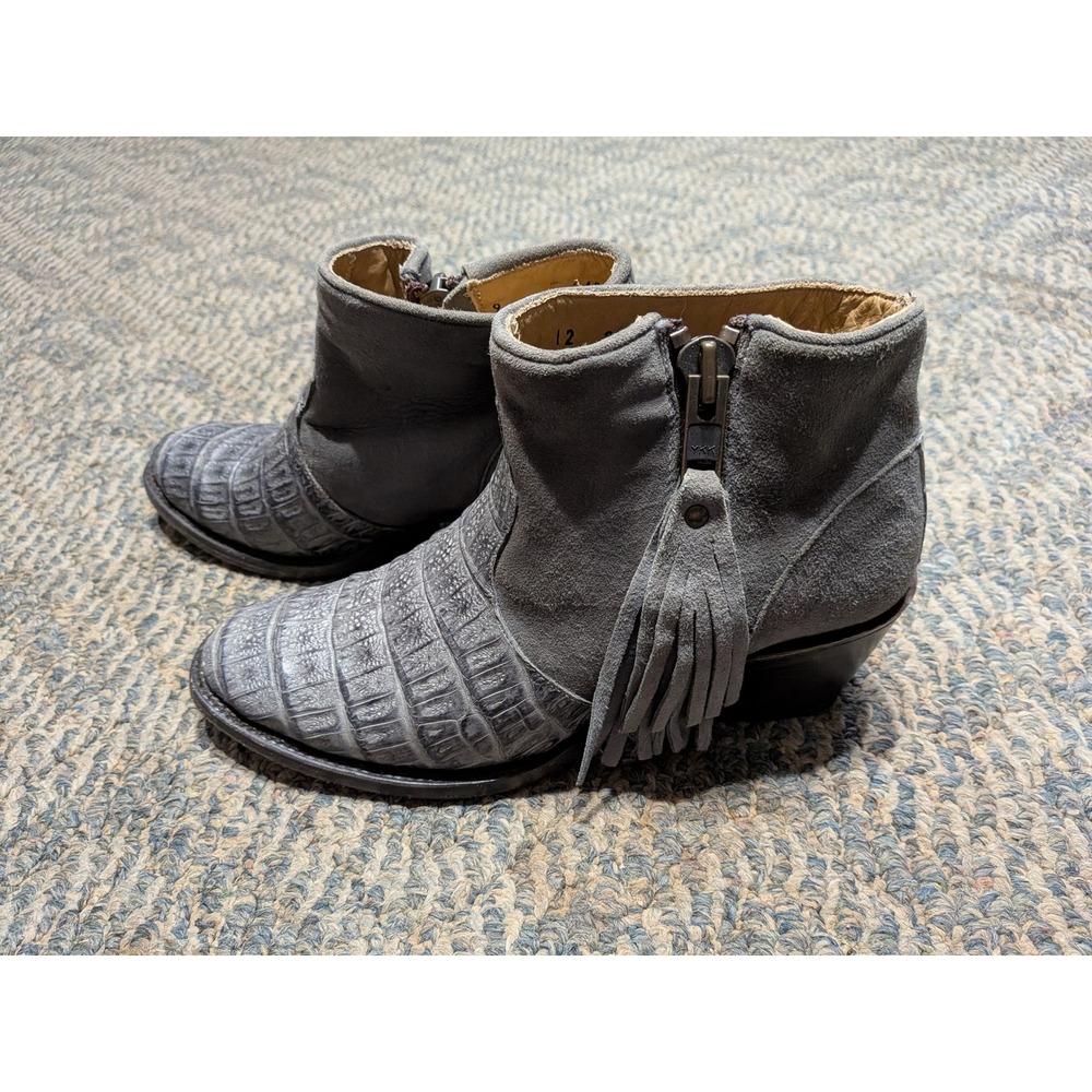 Stetson Grey Suede Crocodile Embossed Leather Fringe Western Ankle Boots 12 21